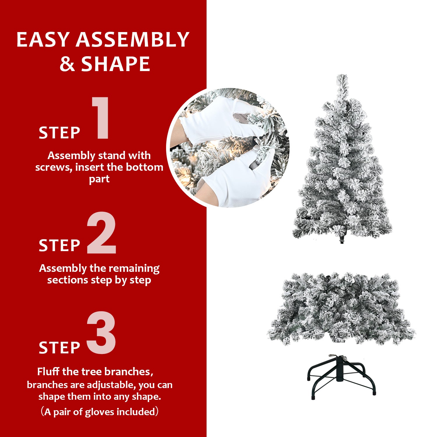 5FT Flocked Snowy Christmas Tree | 150 Warm White Incandescent Lights | 407 Tips | Sturdy Metal Stand | PVC | Green/White | Perfect for Home, Office, Apartment Decor