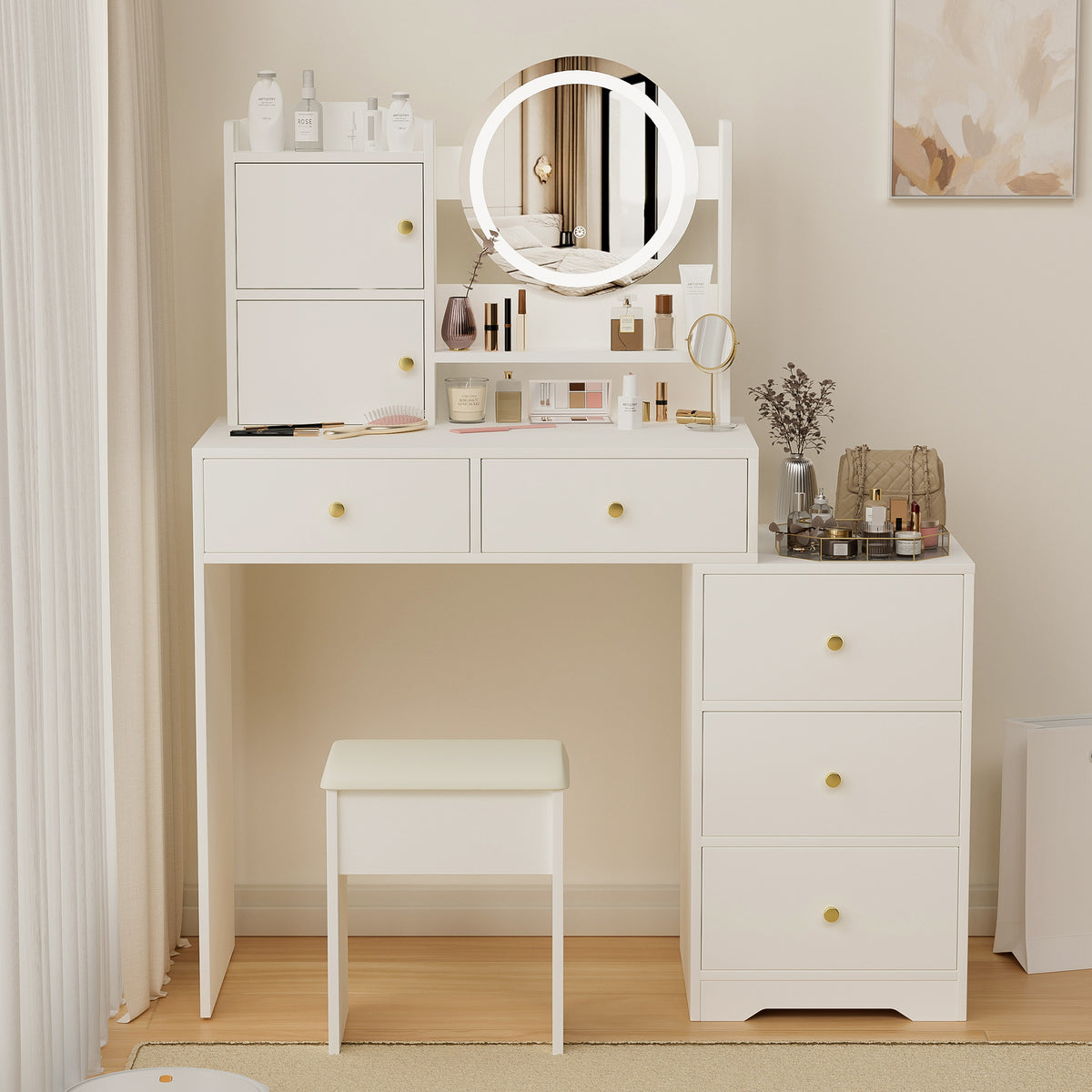 Fashion Vanity Desk with Mirror & Lights, 5 Drawers, White MDF, 47" Modern Makeup Table Set with Cushioned Stool, Adjustable 3-Color LED Lighting, Bedroom Furniture, Ideal Gift