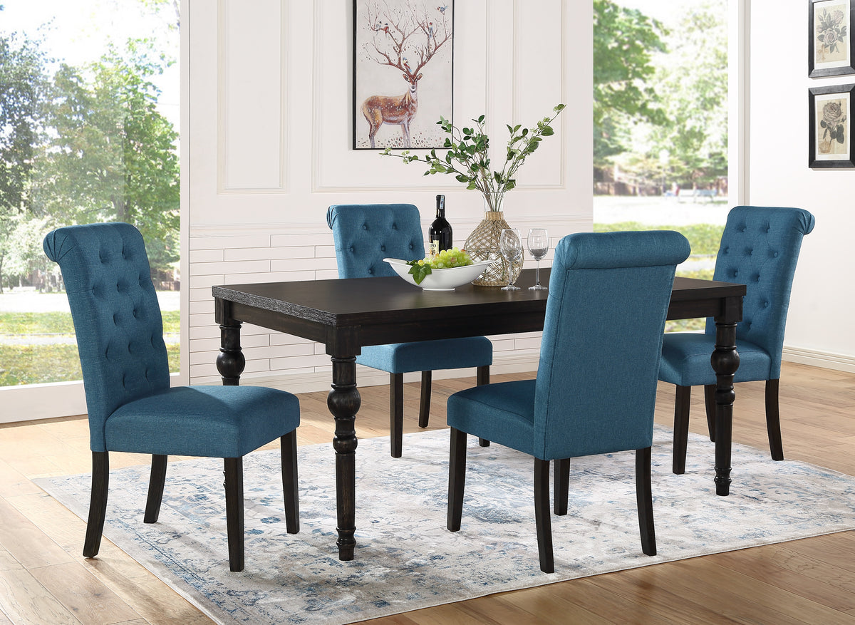 Leviton Urban Style 5-Piece Dark Wash Rubberwood Dining Set: Rectangular Table & 4 Turned-Leg Chairs, Black/Blue, Seats 4, Ideal for Dining Room