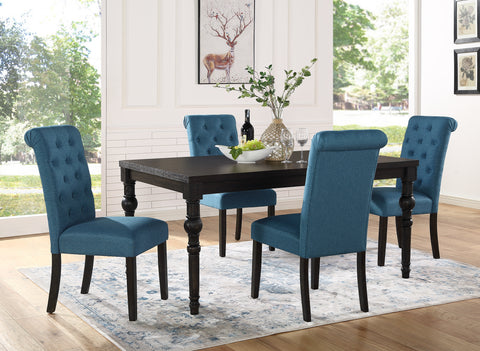 Leviton Urban Style 5-Piece Dark Wash Rubberwood Dining Set: Rectangular Table & 4 Turned-Leg Chairs, Black/Blue, Seats 4, Ideal for Dining Room