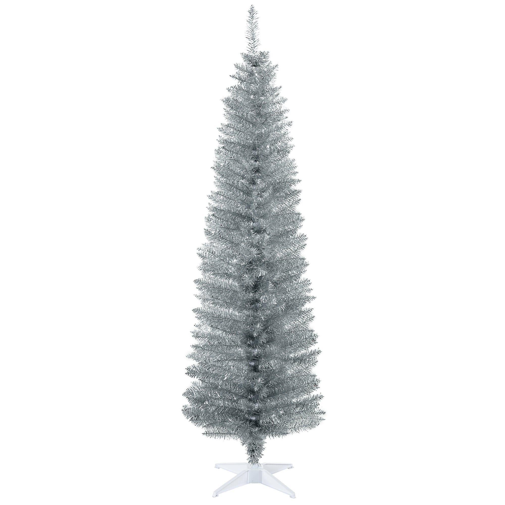 HOMCOM 6ft Slim Pencil Christmas Tree, Silver Unlit Artificial Xmas Tree with 390 Realistic Branch Tips, Flame-Retardant Plastic Stand for Indoor Home Decor