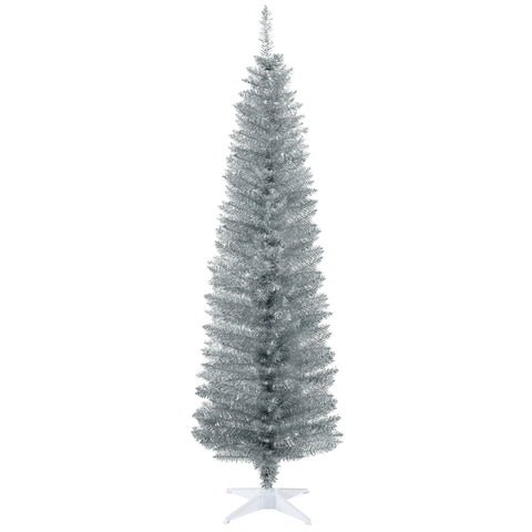 HOMCOM 6ft Slim Pencil Christmas Tree, Silver Unlit Artificial Xmas Tree with 390 Realistic Branch Tips, Flame-Retardant Plastic Stand for Indoor Home Decor