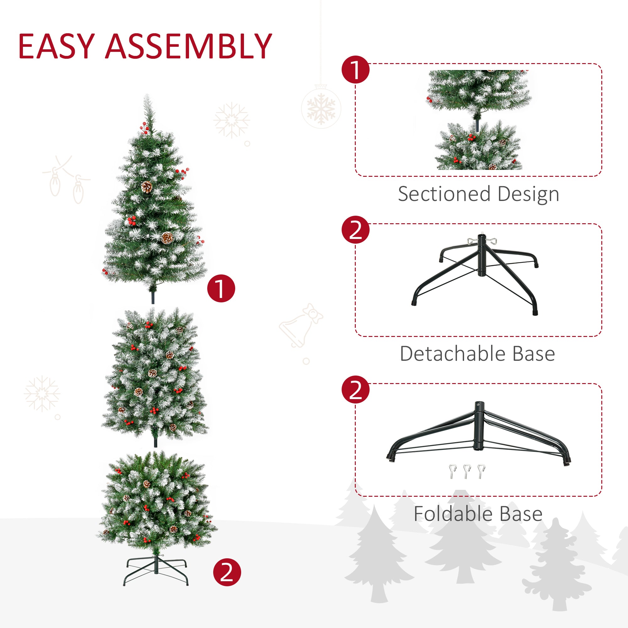 HOMCOM 7.5ft Pre-Lit Snow-Dipped Artificial Christmas Tree | 350 LED Lights, 1075 Tips, Pine Cones &amp; Berries | Realistic PVC Green Tree for Indoor Holiday Decor