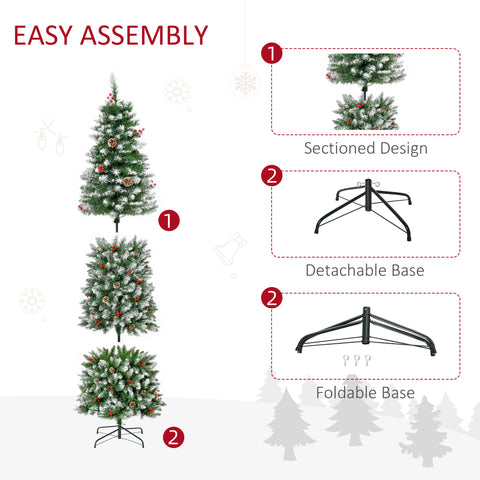 HOMCOM 7.5ft Pre-Lit Snow-Dipped Artificial Christmas Tree | 350 LED Lights, 1075 Tips, Pine Cones &amp; Berries | Realistic PVC Green Tree for Indoor Holiday Decor