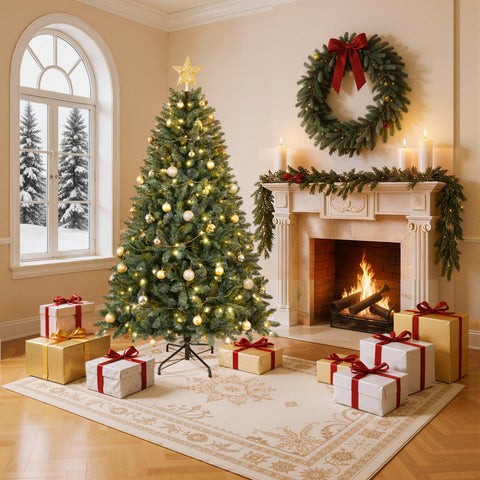 6FT Green Christmas Tree: 250 Warm White LED Lights, 1000 Realistic PVC &amp; Hard Needle Tips, Hinged Branches, Sturdy Metal Stand for Indoor Home Holiday Decor