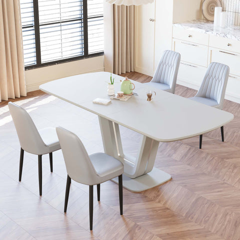 Expandable Dining Table Set for 2-8 People, 63-79" Gray MDF Kitchen Table with 4 PU Leather Padded Chairs, U-Shaped Legs, Modern Farmhouse Style for Dining Room & Living Room