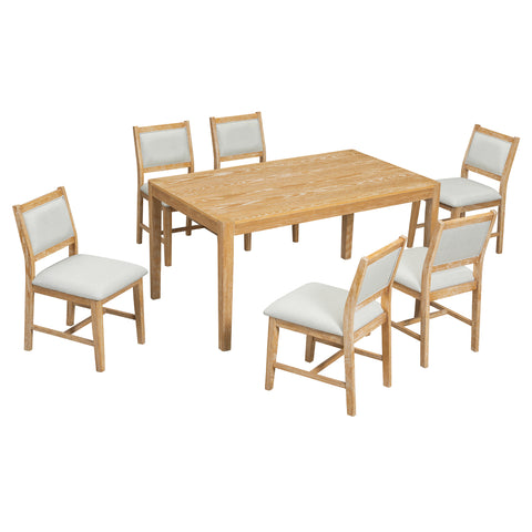 TREXM 7-Piece Retro Rectangular Wood Dining Table Set for 6 - Natural Oak Veneer & MDF with Upholstered Foam Chairs - Spacious Kitchen & Dining Room Furniture - Durable Solid Wood Legs