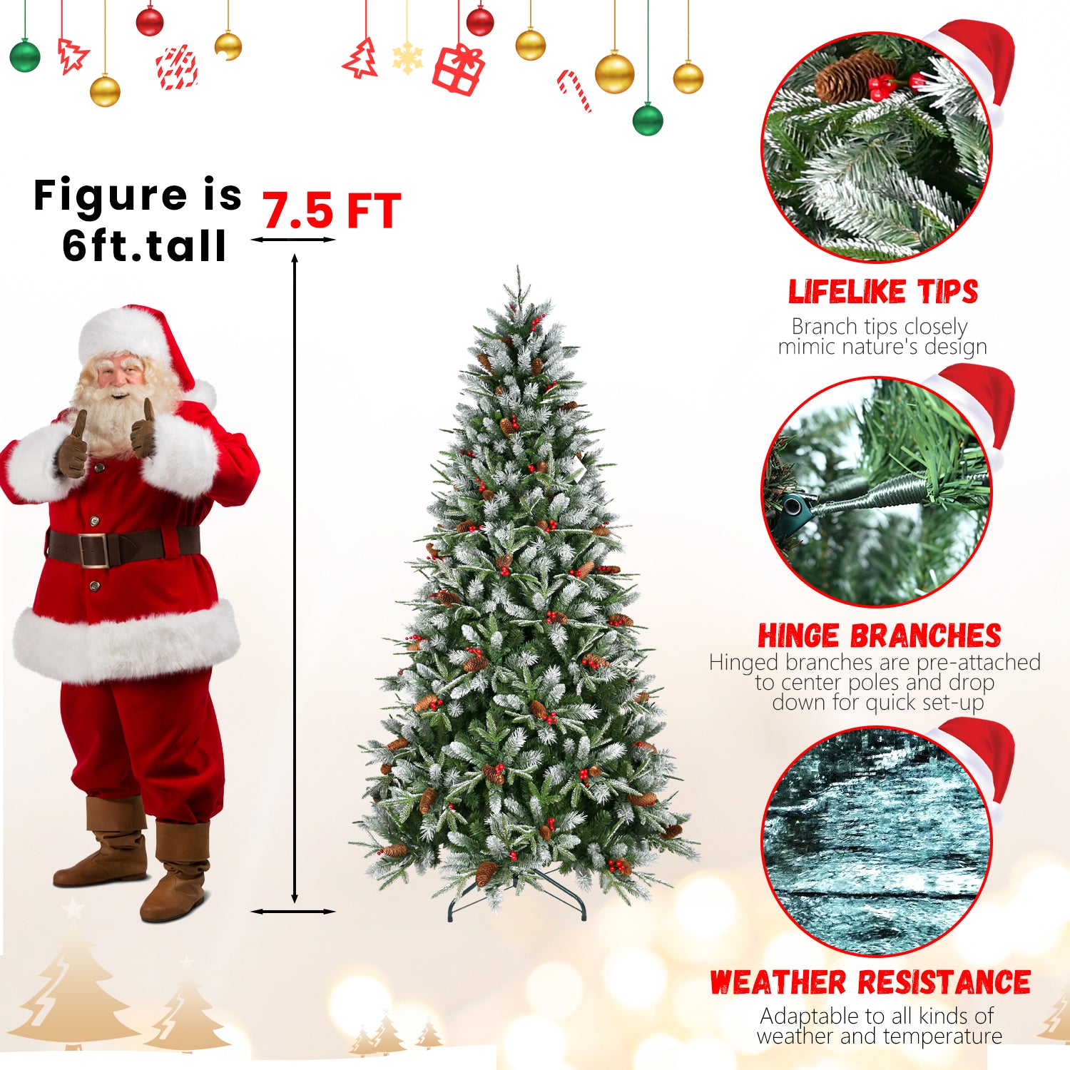 4FT Snow-Dusted Christmas Tree: 747 Tips, Red Berries &amp; Pine Cones | Hinged PE/PVC Branches, Full Natural Holiday Decor for Indoor Home &amp; Office
