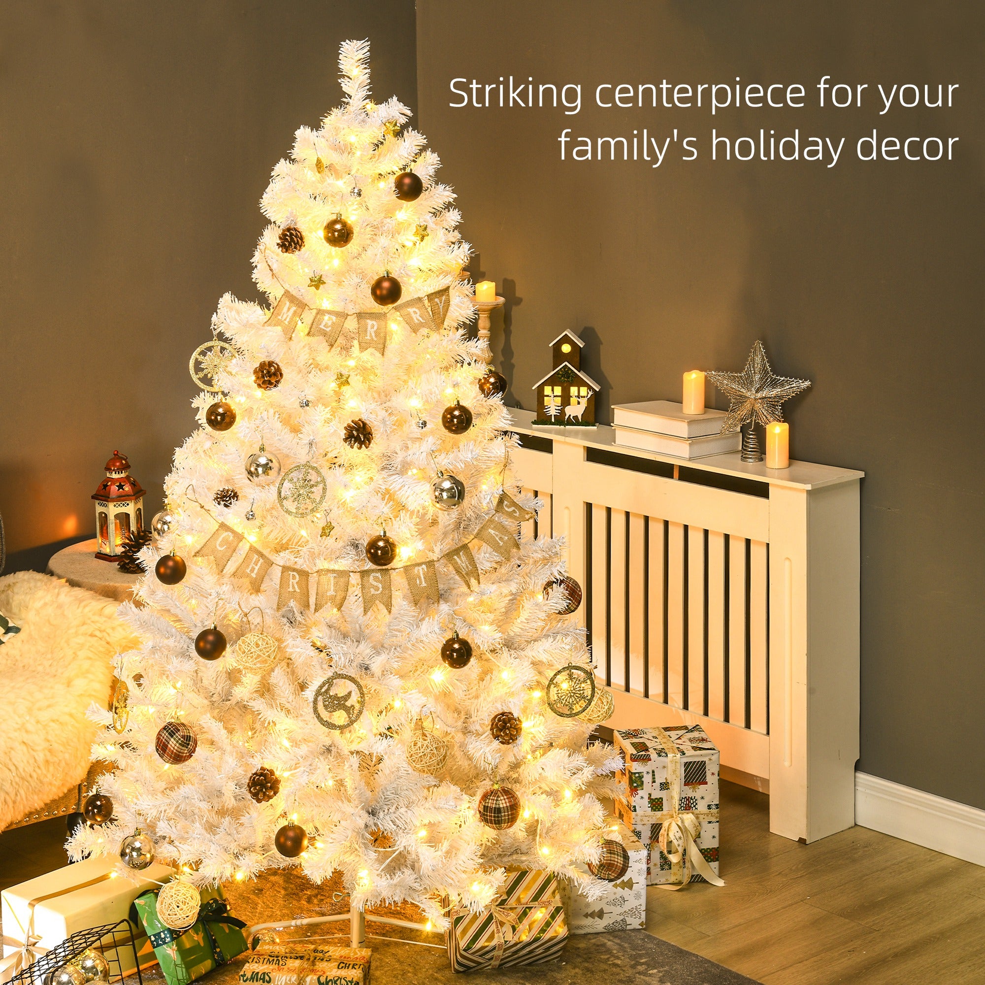HOMCOM 6ft White Prelit Artificial Christmas Tree: 638 Realistic Branches, 220 Warm White LED Lights, Auto Open for Easy Setup, Flame Retardant Plastic, Perfect for Holiday Home Decor