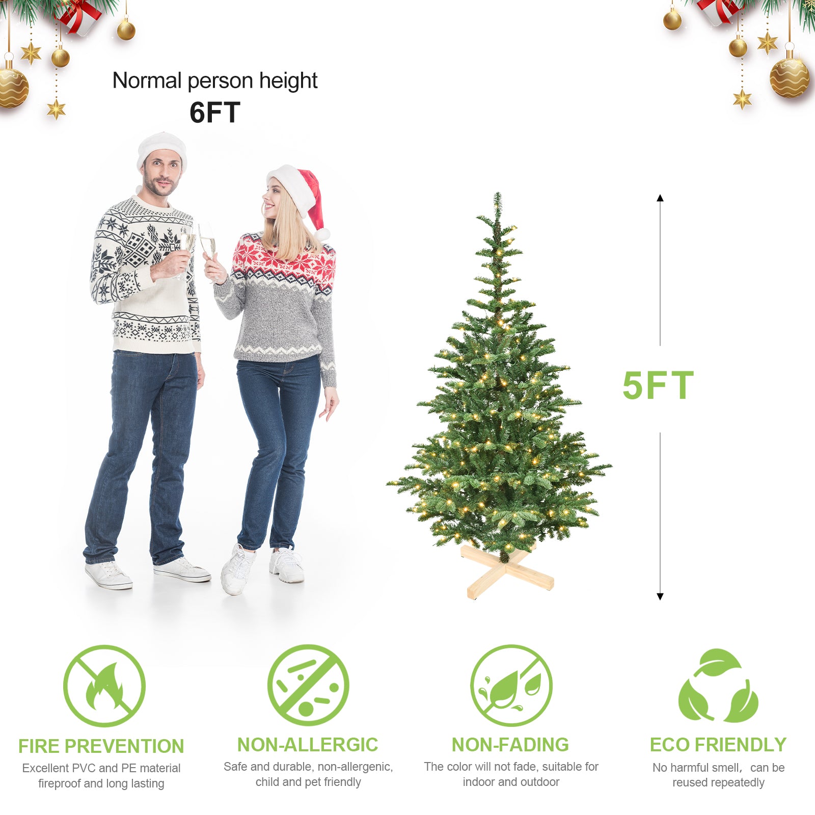 8ft Pre-Lit Artificial Christmas Tree | 1307 PE+PVC Tips, 500 Warm White LEDs | Rustic Wooden Base, Realistic Layered Green Holiday Decor for Home &amp; Indoor Use