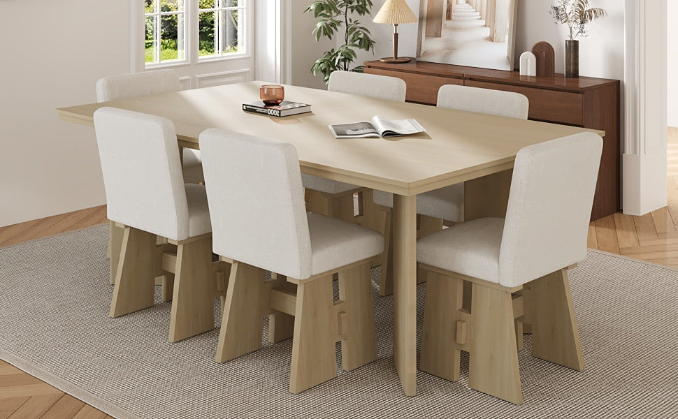 TOPMAX 7-Piece Solid Rubberwood Dining Set: 63.4" Natural Table &amp; 6 Upholstered Beige Chairs for Dining Rooms, Space-Saving Tuck-Away Design, Seats 6, Modern Farmhouse Style