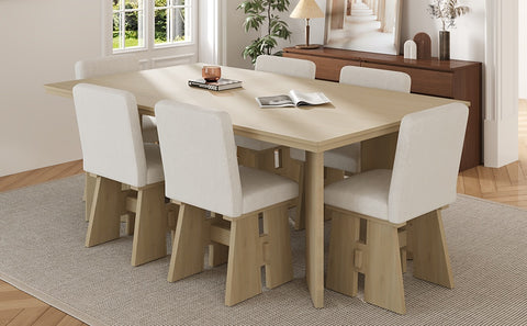 TOPMAX 7-Piece Solid Rubberwood Dining Set: 63.4" Natural Table &amp; 6 Upholstered Beige Chairs for Dining Rooms, Space-Saving Tuck-Away Design, Seats 6, Modern Farmhouse Style