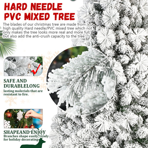 7.5FT Snowy Flocked Christmas Tree | 500 Warm White LEDs | 1252 Tips | Hinged PVC & Hard Needle Branches | Sturdy Metal Stand | Full Realistic Holiday Decor