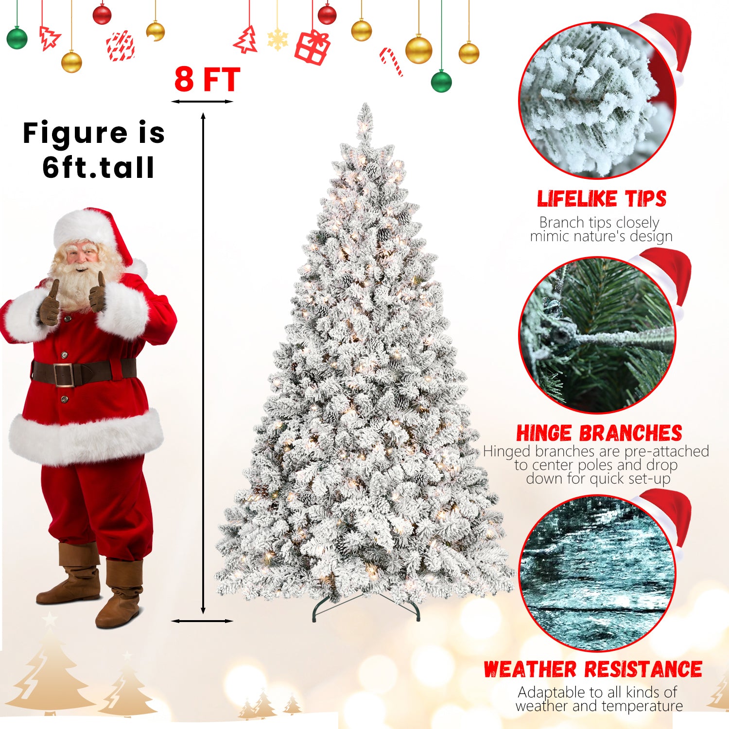 6FT Snowy Flocked Christmas Tree with 350 UL Lights & 35 Pine Cones - Hinged PVC, White/Green, Metal Stand for Festive Holiday Home Decor