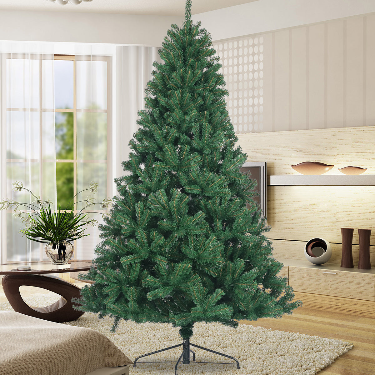 7.5ft Fluffy Full Natural Spruce Artificial Christmas Tree | Unlit Green PVC Fir Tree with Sturdy Foldable Metal Stand | Easy Assembly & Storage | Ideal for Home & Office Holiday Decor