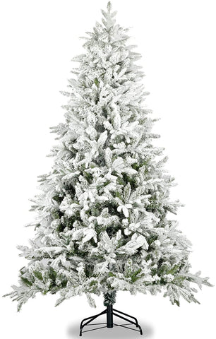 7ft Snow Flocked Artificial Christmas Tree - Realistic White Pine Tree with Hinged Branches & Sturdy Metal Stand for Home & Holiday Decor