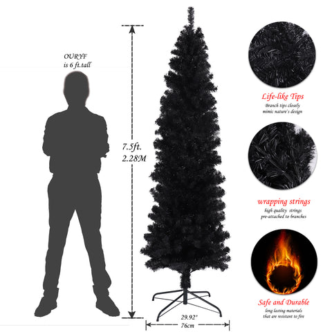 7.5ft Black Slim Artificial Christmas Tree with Foldable Metal Stand - Pencil Design, 1000 Tips, Flame-Retardant PVC, Easy Assembly for Apartments &amp; Small Spaces, Versatile Holiday Decor
