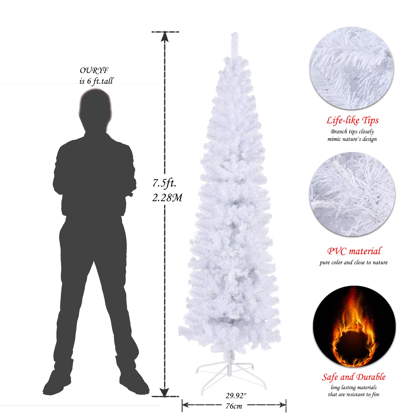 7.5ft White Slim Artificial Christmas Tree | Pencil Design for Apartments & Small Spaces | 1000 Tips for Full Look | Durable Metal Stand | Flame-Retardant PVC | Easy Assembly | Holiday Decor