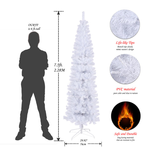 7.5ft White Slim Artificial Christmas Tree | Pencil Design for Apartments & Small Spaces | 1000 Tips for Full Look | Durable Metal Stand | Flame-Retardant PVC | Easy Assembly | Holiday Decor