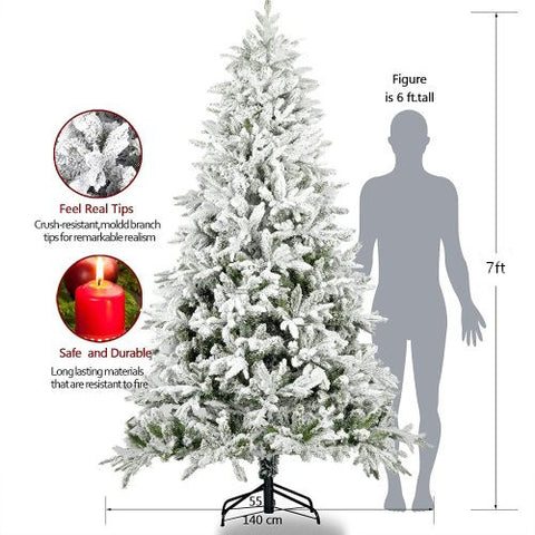 7ft Snow Flocked Artificial Christmas Tree - Realistic White Pine Tree with Hinged Branches & Sturdy Metal Stand for Home & Holiday Decor