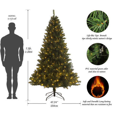 7.5ft Pre-Lit Artificial Christmas Tree | Realistic Hinged Green Fir with 400 Warm White LED Lights | Sturdy Metal Stand | Easy Setup & Storage | Home & Holiday Decor