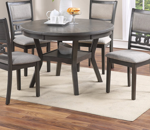Contemporary Grey Rubberwood Dining Set: Round Table w/ Shelf & 4 Cushioned Fabric Chairs, Modern Style for Dining Room, Seats 4, 47" Dia Table
