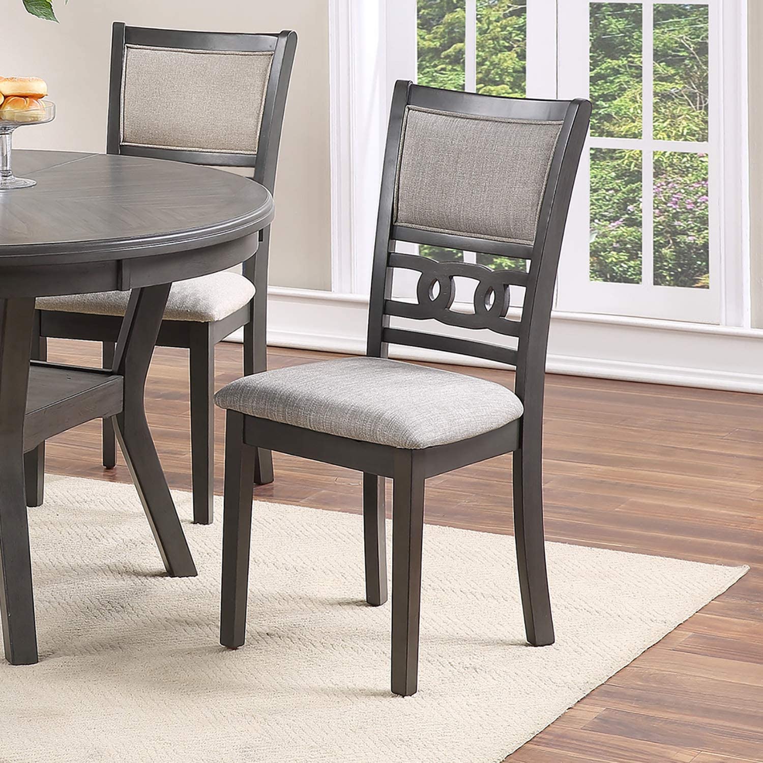 Contemporary Grey Rubberwood Dining Set: Round Table w/ Shelf & 4 Cushioned Fabric Chairs, Modern Style for Dining Room, Seats 4, 47" Dia Table