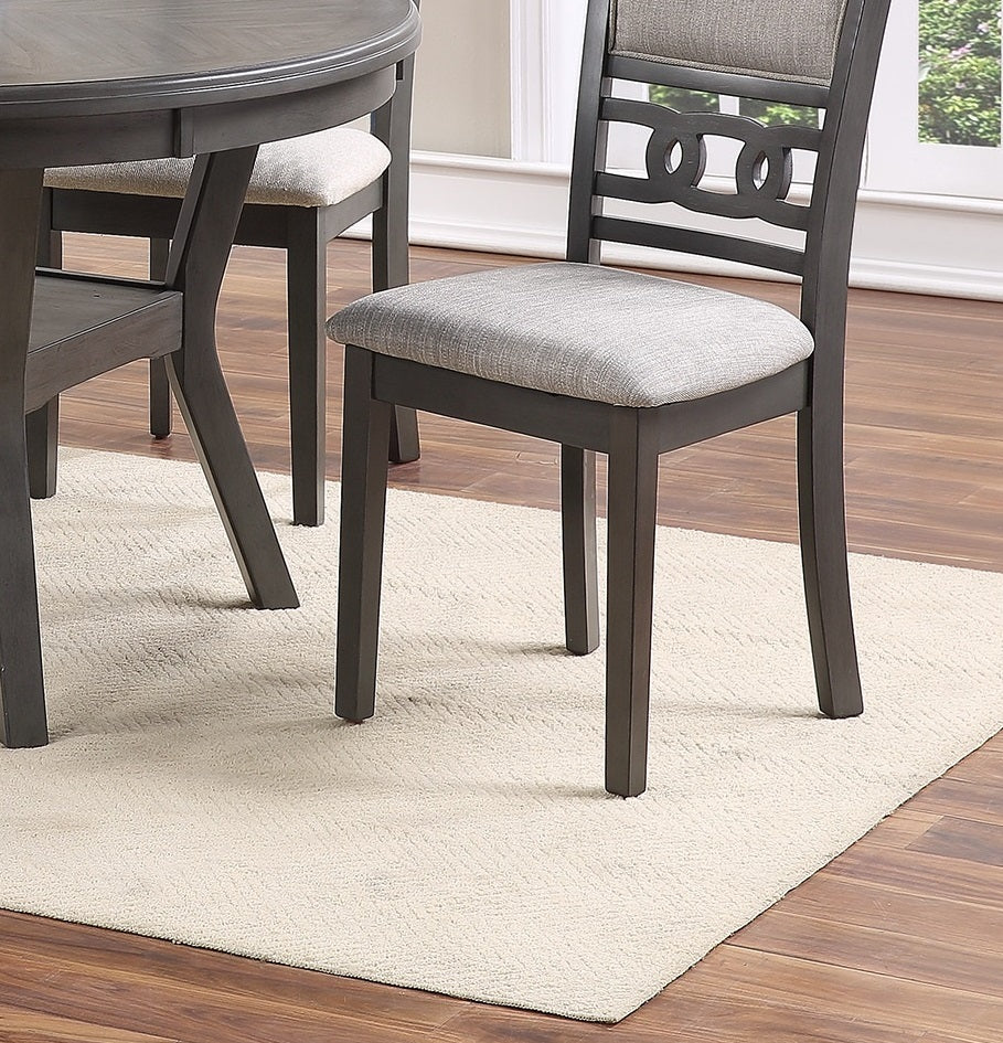 Contemporary Grey Rubberwood Dining Set: Round Table w/ Shelf & 4 Cushioned Fabric Chairs, Modern Style for Dining Room, Seats 4, 47" Dia Table