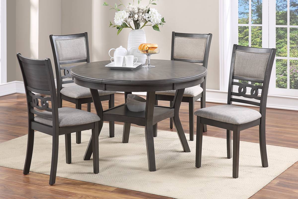 Contemporary Grey Rubberwood Dining Set: Round Table w/ Shelf & 4 Cushioned Fabric Chairs, Modern Style for Dining Room, Seats 4, 47" Dia Table