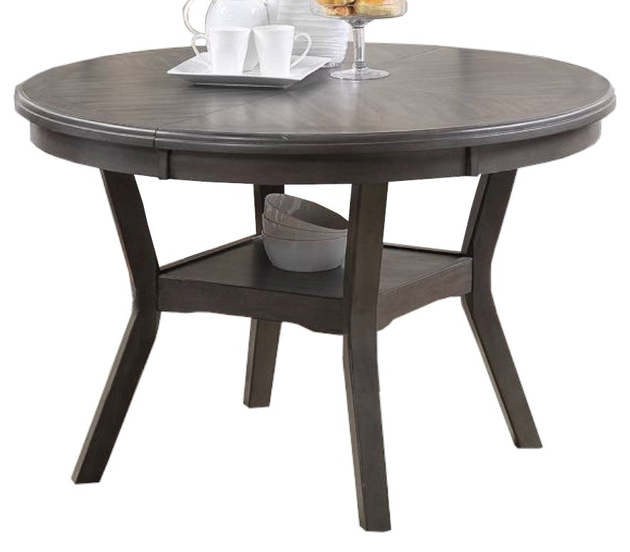 Contemporary Grey Rubberwood Dining Set: Round Table w/ Shelf & 4 Cushioned Fabric Chairs, Modern Style for Dining Room, Seats 4, 47" Dia Table