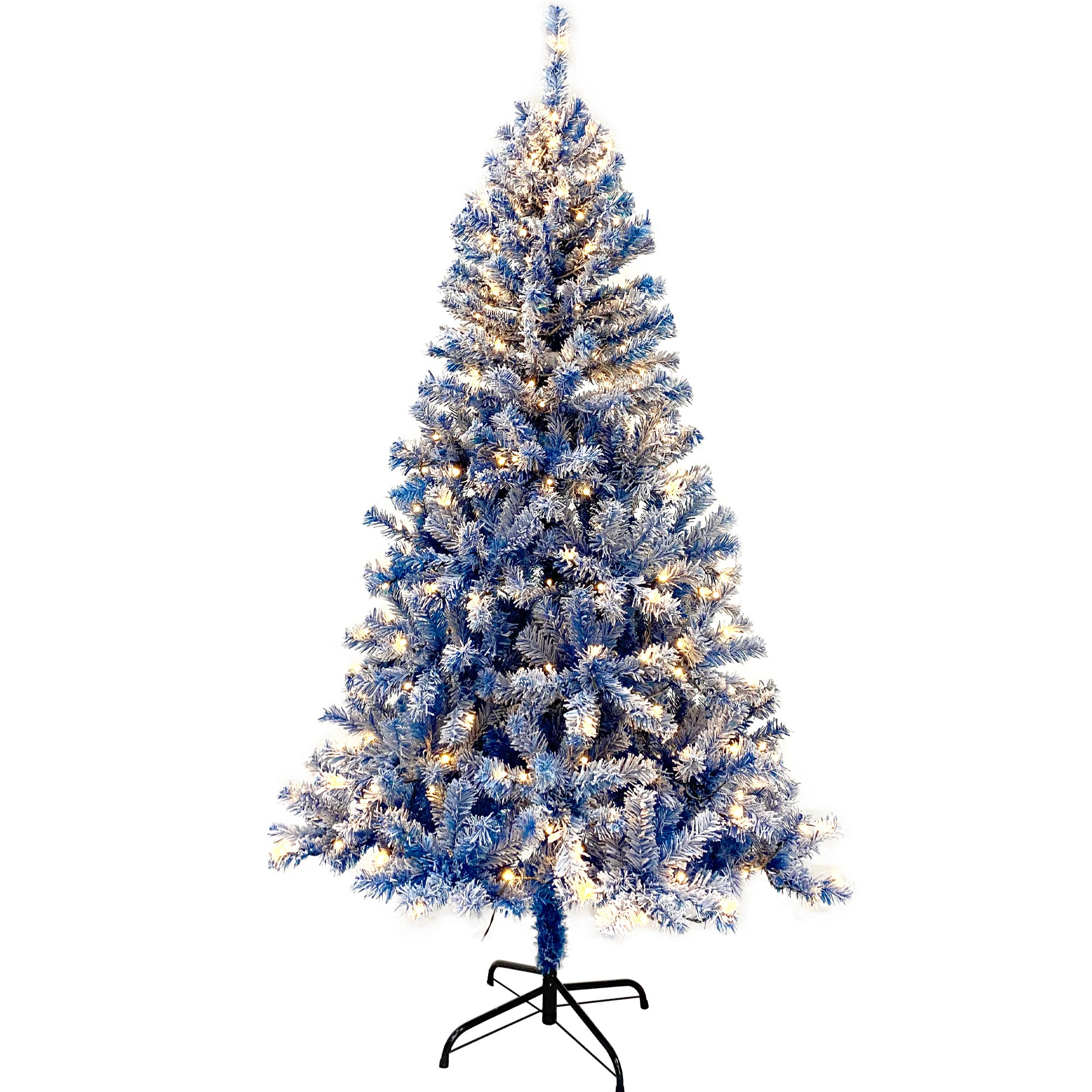 6FT Blue Snow Flocked Hinged Artificial Fir Christmas Tree for Indoor Holiday Decor, 750 Branch Tips, 300 Warm White LED Lights, Easy Assembly, Stable Base, Perfect for Living Room & Parties