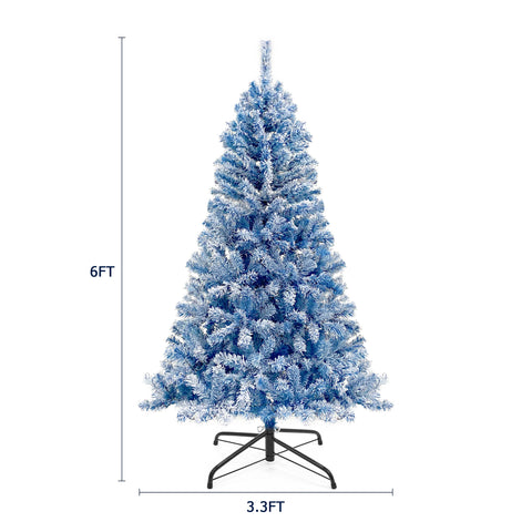 6FT Blue Snow Flocked Hinged Artificial Fir Christmas Tree for Indoor Holiday Decor, 750 Branch Tips, 300 Warm White LED Lights, Easy Assembly, Stable Base, Perfect for Living Room & Parties