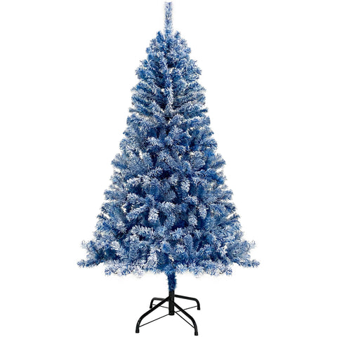 6FT Blue Snow Flocked Hinged Artificial Fir Christmas Tree for Indoor Holiday Decor, 750 Branch Tips, 300 Warm White LED Lights, Easy Assembly, Stable Base, Perfect for Living Room & Parties