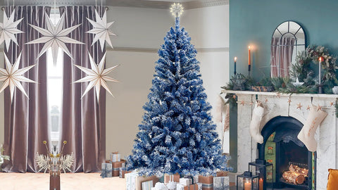 6FT Blue Snow Flocked Hinged Artificial Fir Christmas Tree for Indoor Holiday Decor, 750 Branch Tips, 300 Warm White LED Lights, Easy Assembly, Stable Base, Perfect for Living Room & Parties