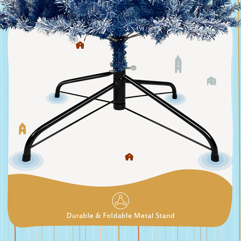 6FT Blue Snow Flocked Hinged Artificial Fir Christmas Tree for Indoor Holiday Decor, 750 Branch Tips, 300 Warm White LED Lights, Easy Assembly, Stable Base, Perfect for Living Room & Parties