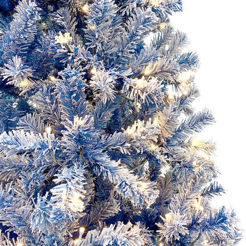 6FT Blue Snow Flocked Hinged Artificial Fir Christmas Tree for Indoor Holiday Decor, 750 Branch Tips, 300 Warm White LED Lights, Easy Assembly, Stable Base, Perfect for Living Room & Parties