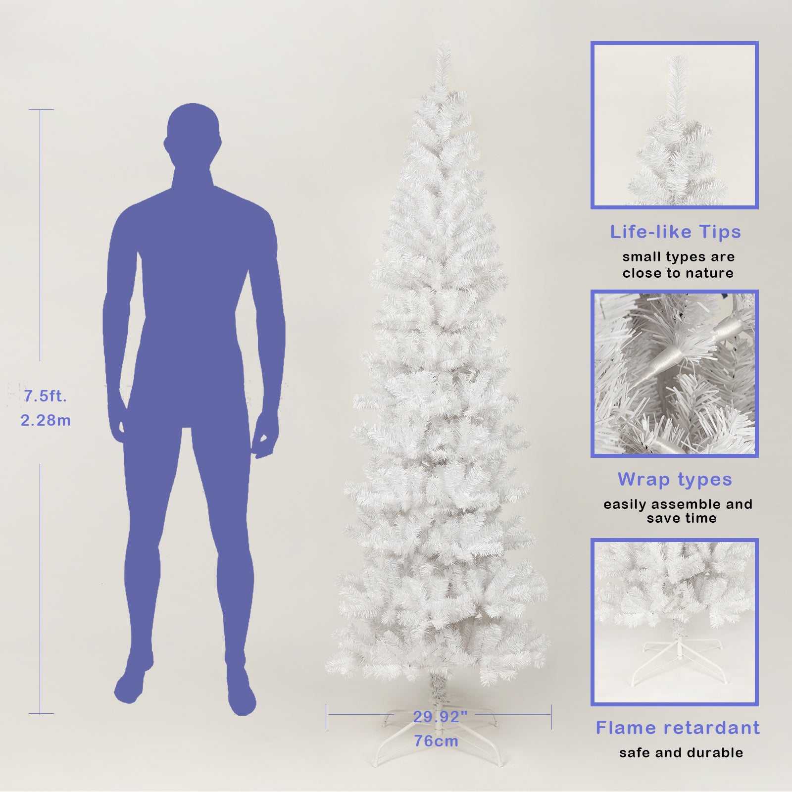 7.5ft White Slim Artificial Christmas Tree | Pencil Design for Apartments & Small Spaces | 1000 Tips for Full Look | Durable Metal Stand | Flame-Retardant PVC | Easy Assembly | Holiday Decor