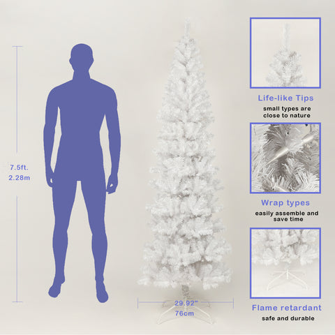 7.5ft White Slim Artificial Christmas Tree | Pencil Design for Apartments & Small Spaces | 1000 Tips for Full Look | Durable Metal Stand | Flame-Retardant PVC | Easy Assembly | Holiday Decor