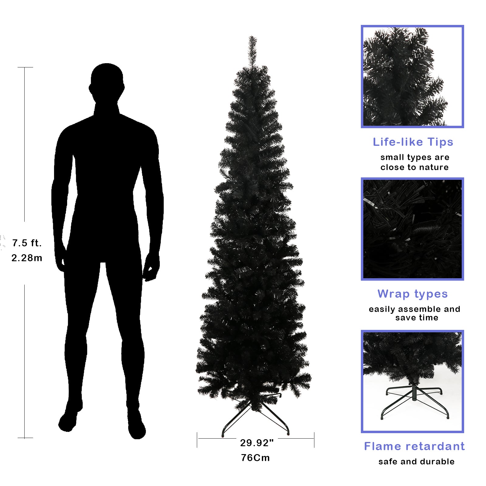 7.5ft Black Slim Artificial Christmas Tree with Foldable Metal Stand - Pencil Design, 1000 Tips, Flame-Retardant PVC, Easy Assembly for Apartments &amp; Small Spaces, Versatile Holiday Decor