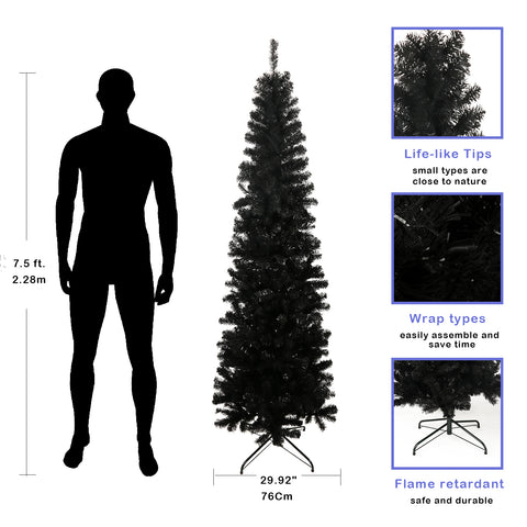 7.5ft Black Slim Artificial Christmas Tree with Foldable Metal Stand - Pencil Design, 1000 Tips, Flame-Retardant PVC, Easy Assembly for Apartments &amp; Small Spaces, Versatile Holiday Decor