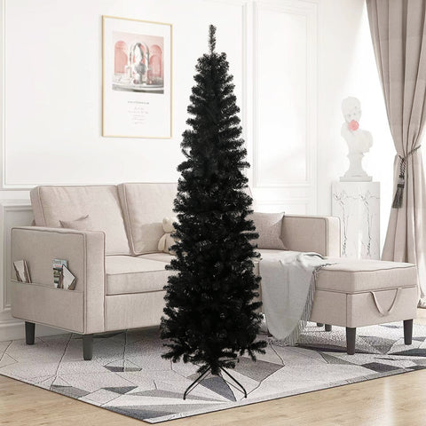 7.5ft Black Slim Artificial Christmas Tree with Foldable Metal Stand - Pencil Design, 1000 Tips, Flame-Retardant PVC, Easy Assembly for Apartments &amp; Small Spaces, Versatile Holiday Decor