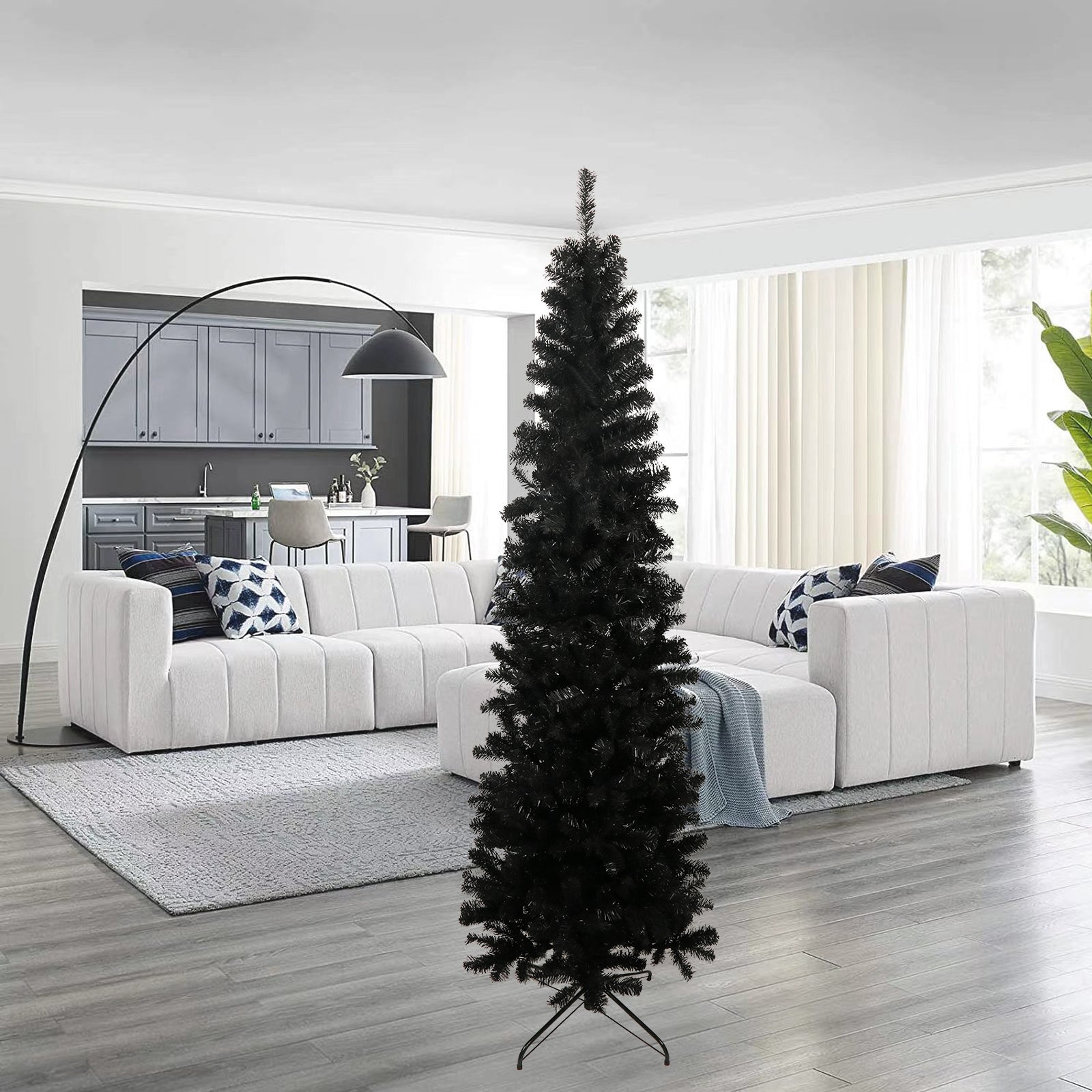 7.5ft Black Slim Artificial Christmas Tree with Foldable Metal Stand - Pencil Design, 1000 Tips, Flame-Retardant PVC, Easy Assembly for Apartments &amp; Small Spaces, Versatile Holiday Decor