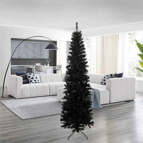 7.5ft Black Slim Artificial Christmas Tree with Foldable Metal Stand - Pencil Design, 1000 Tips, Flame-Retardant PVC, Easy Assembly for Apartments &amp; Small Spaces, Versatile Holiday Decor