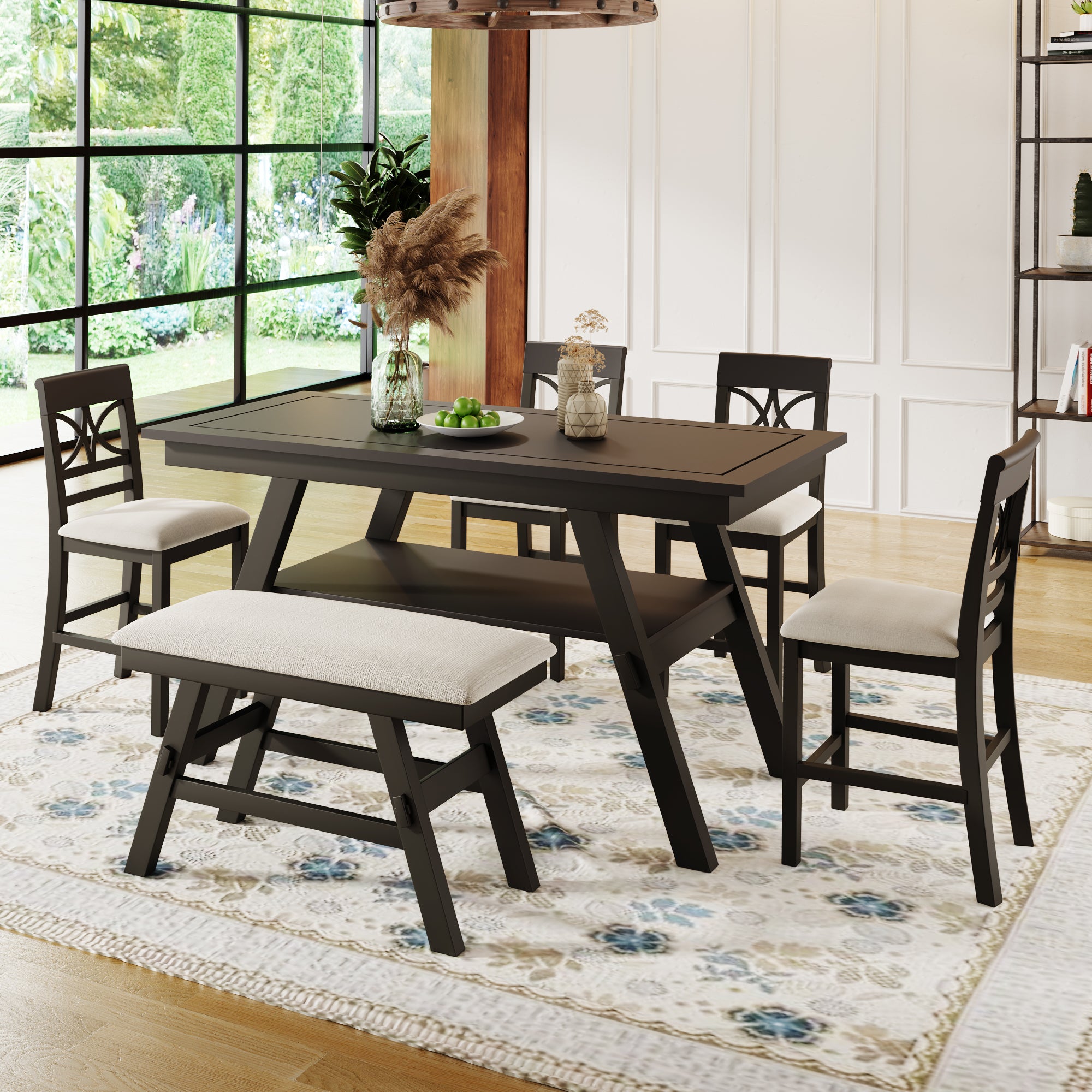 TOPMAX 6-Piece Rustic Counter Height Dining Table Set, Solid Rubberwood Espresso &amp; Beige Bench, 4 Chairs, Storage Shelf for Kitchen, Dining Room, Entryway, Seats 6