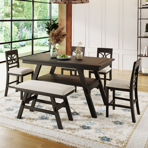 TOPMAX 6-Piece Rustic Counter Height Dining Table Set, Solid Rubberwood Espresso &amp; Beige Bench, 4 Chairs, Storage Shelf for Kitchen, Dining Room, Entryway, Seats 6
