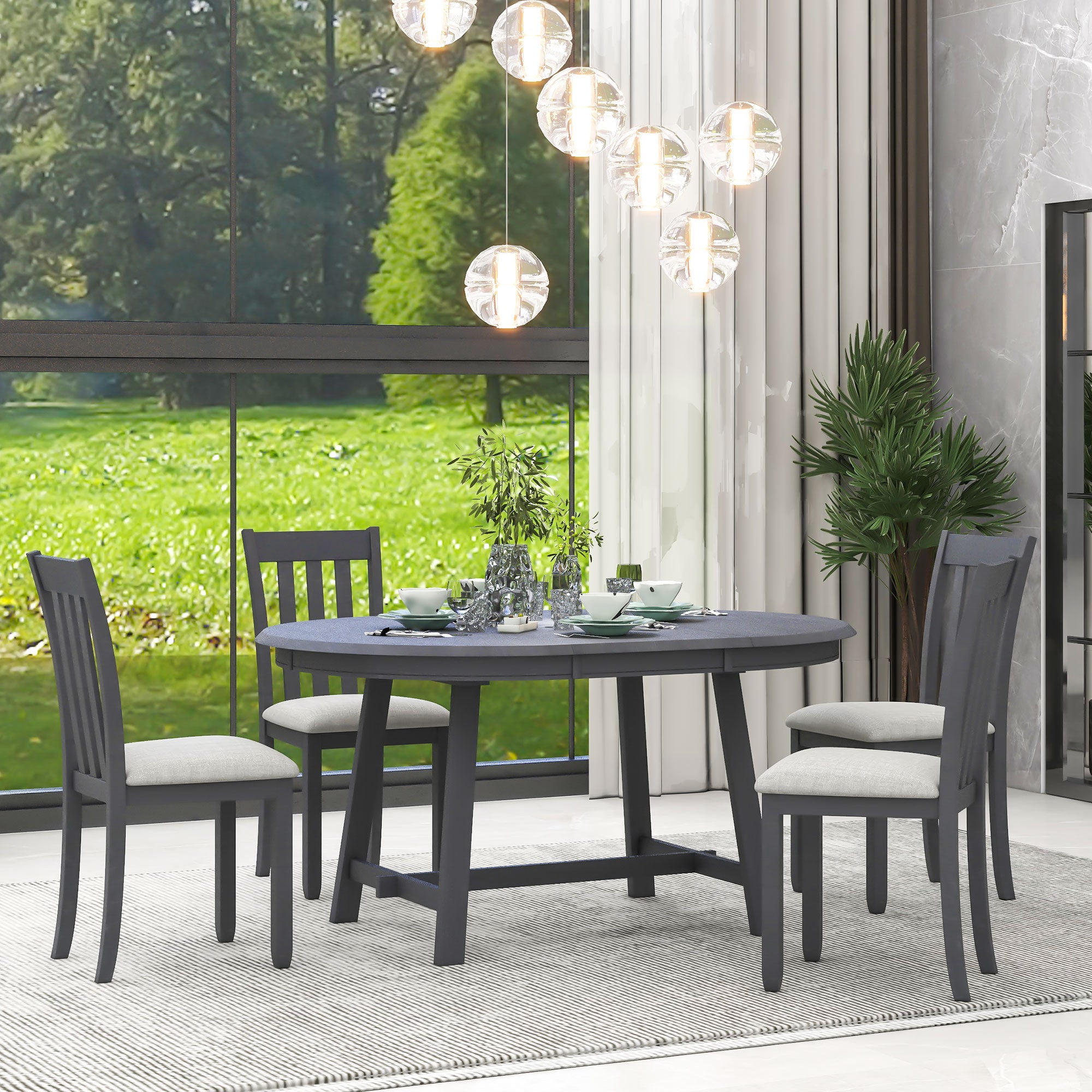 TREXM 5-Piece Extendable Round Wood Dining Table Set with 4 Chairs, Gray Modern Farmhouse Kitchen & Dining Room Furniture for 4, MDF & Rubber Wood, 41.4"-56.6"L
