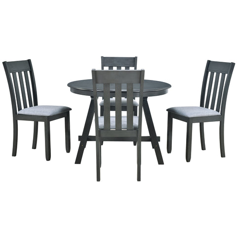 TREXM 5-Piece Extendable Round Wood Dining Table Set with 4 Chairs, Gray Modern Farmhouse Kitchen & Dining Room Furniture for 4, MDF & Rubber Wood, 41.4"-56.6"L