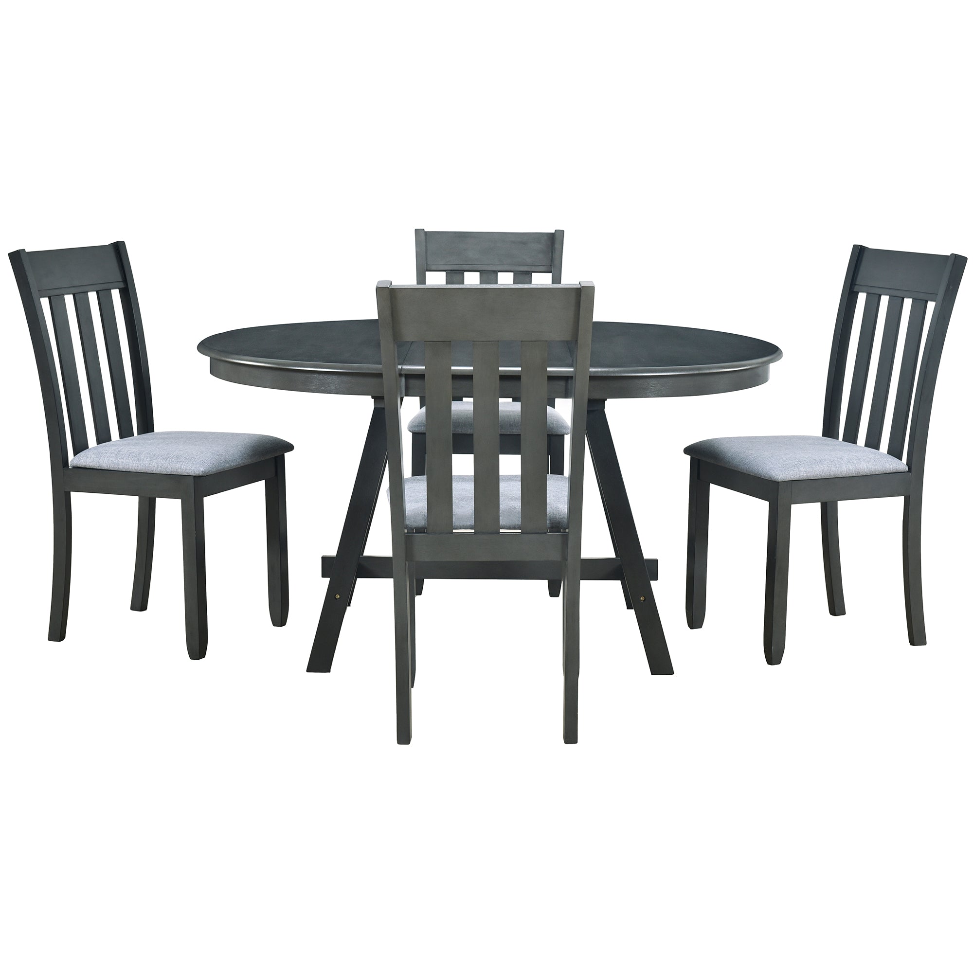 TREXM 5-Piece Extendable Round Wood Dining Table Set with 4 Chairs, Gray Modern Farmhouse Kitchen & Dining Room Furniture for 4, MDF & Rubber Wood, 41.4"-56.6"L