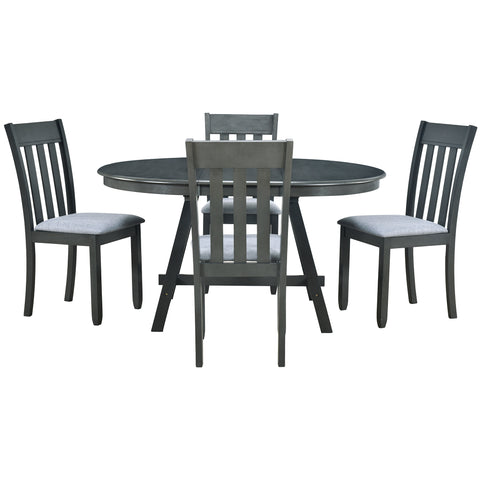 TREXM 5-Piece Extendable Round Wood Dining Table Set with 4 Chairs, Gray Modern Farmhouse Kitchen & Dining Room Furniture for 4, MDF & Rubber Wood, 41.4"-56.6"L