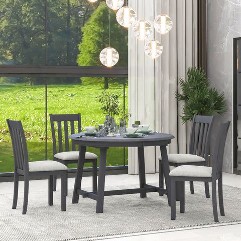 TREXM 5-Piece Extendable Round Wood Dining Table Set with 4 Chairs, Gray Modern Farmhouse Kitchen & Dining Room Furniture for 4, MDF & Rubber Wood, 41.4"-56.6"L